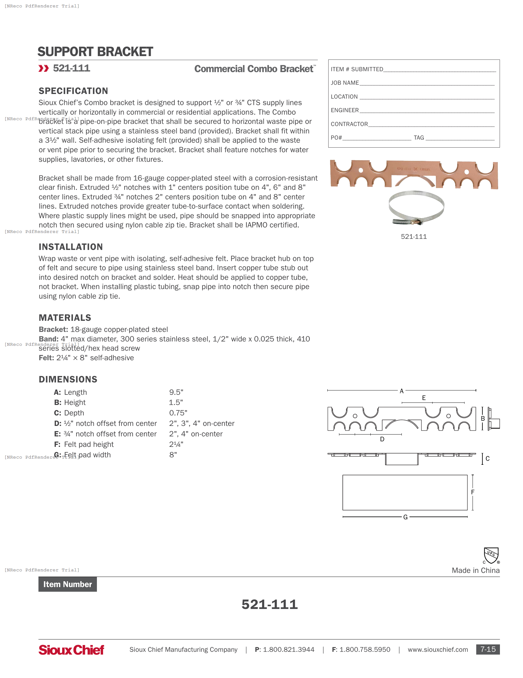 521-111 - COMMERCIAL COMBO BRACKET - SPEC SHEET.PDF Specification Document
